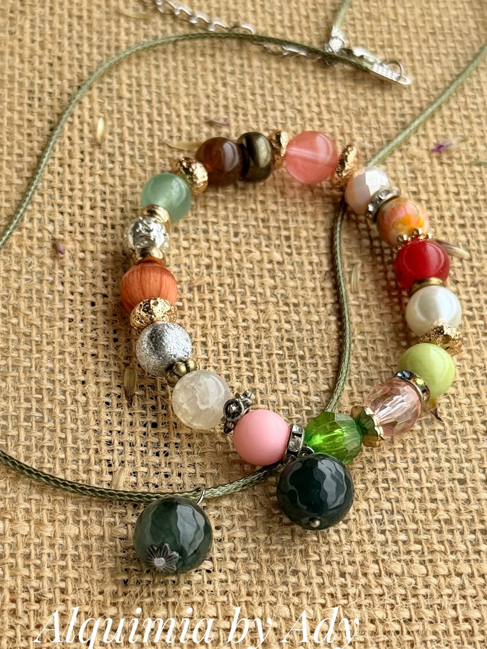 SET + Multicolor Beaded Women's Bracelet with Green jade Pendant necklace